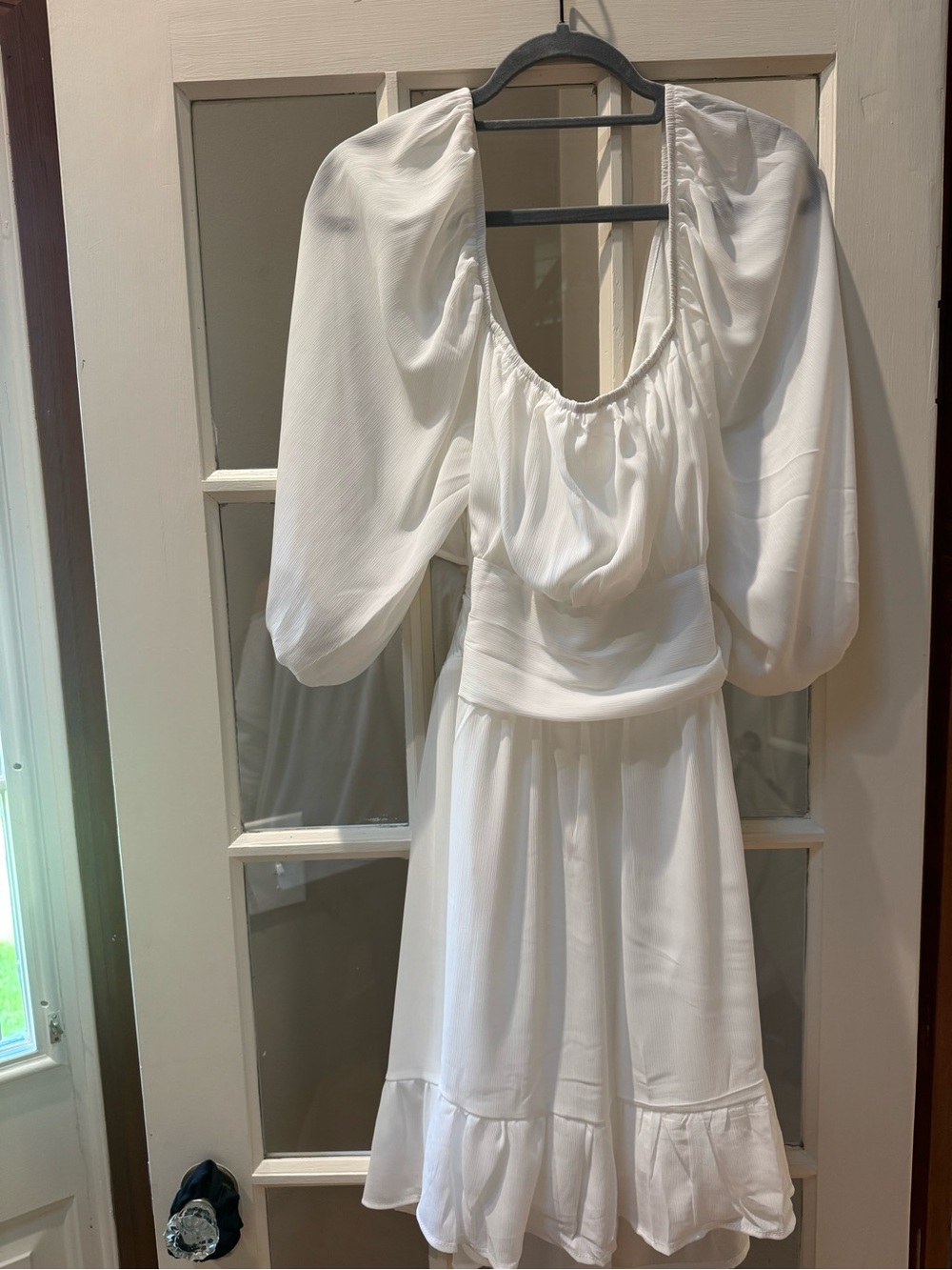 Women's White Puff-Sleeve Midi Dress with Scoop Neck